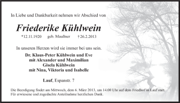 Traueranzeige von Friederike Kuehlwein von Pegnitz-Zeitung